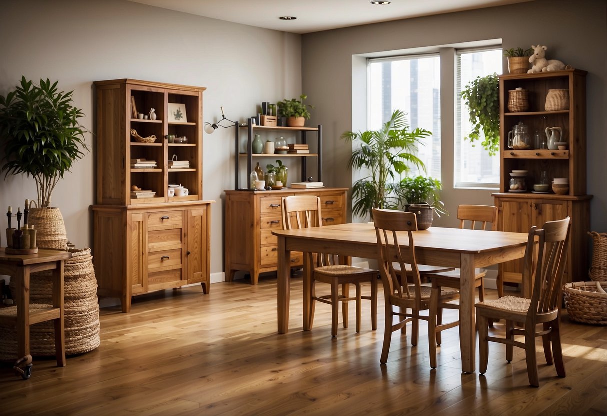 A room with a variety of wooden furniture pieces, including tables, chairs, and shelves. A sign or banner with the words "Frequently Asked Questions" is prominently displayed
