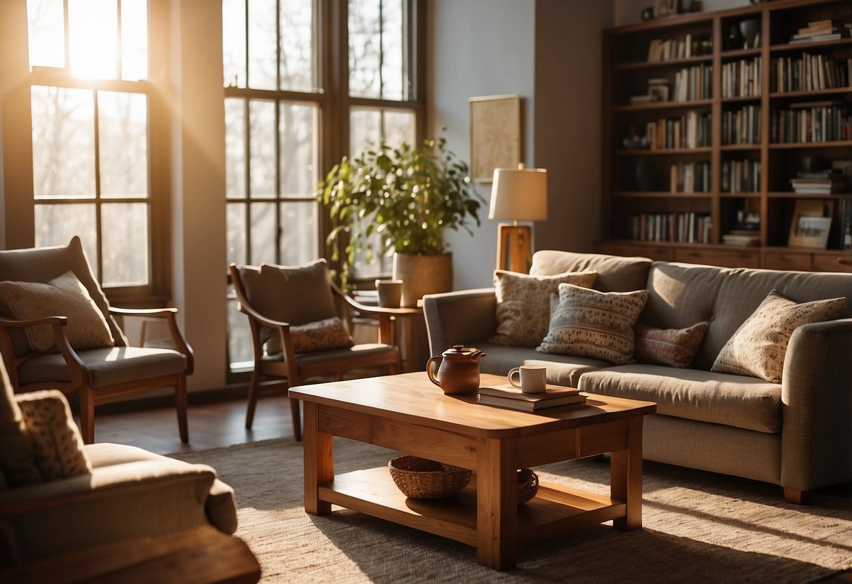 A cozy living room with a wooden coffee table, chairs, and bookshelves. Sunlight streams through the window, casting warm, inviting shadows on the furniture