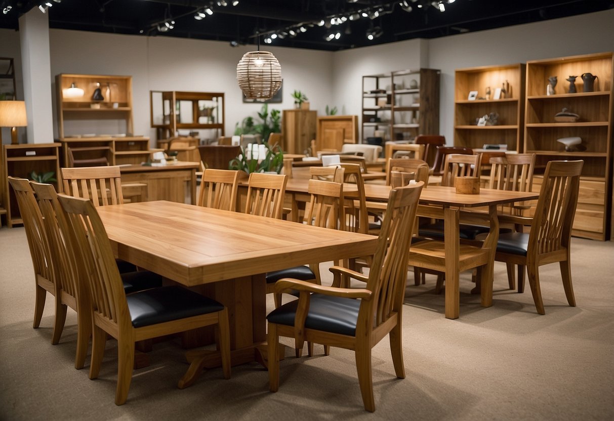 Various types of wood furniture, including chairs, tables, and shelves, are displayed in a well-lit showroom. The furniture is made from a variety of woods, such as oak, pine, and mahogany, showcasing the different colors and textures of