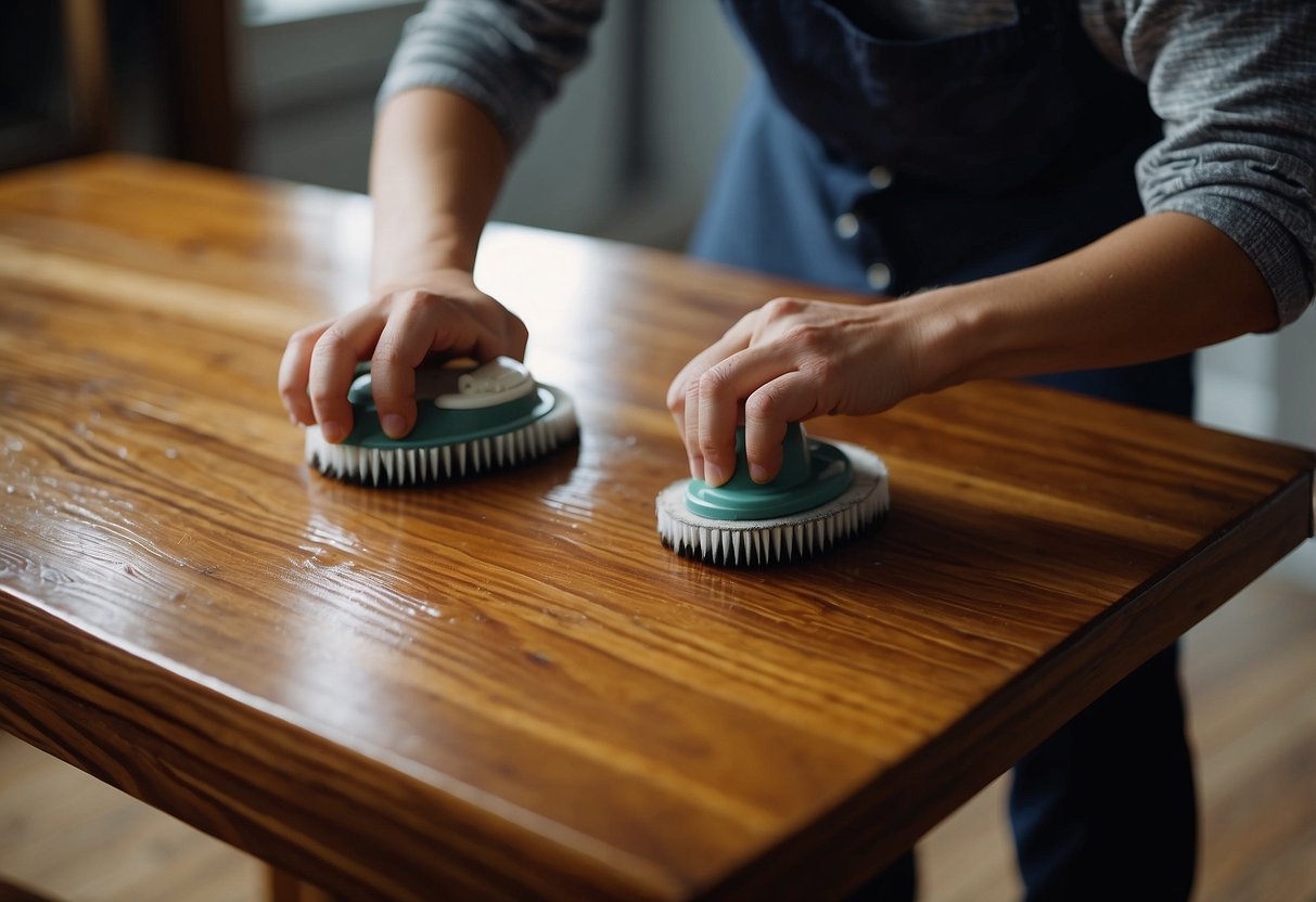 A person carefully oils and polishes their wooden furniture, using a soft cloth to remove dust and maintain its luster