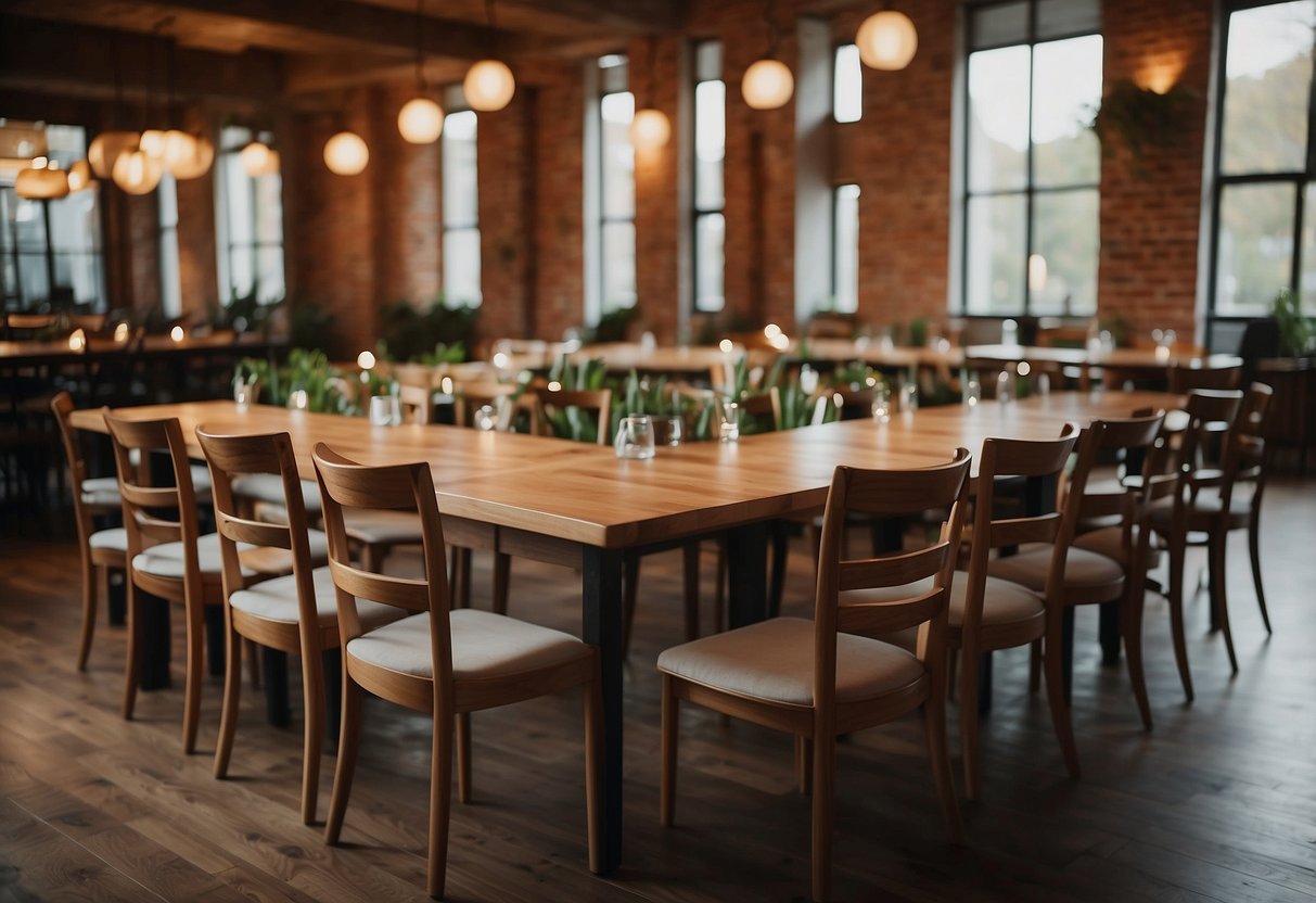 A wooden table and chairs surrounded by people with question marks above their heads