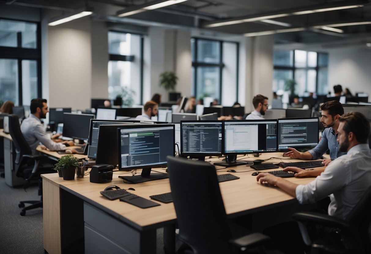 A bustling office with desks, computers, and phones. Employees working and collaborating in a lively and productive atmosphere