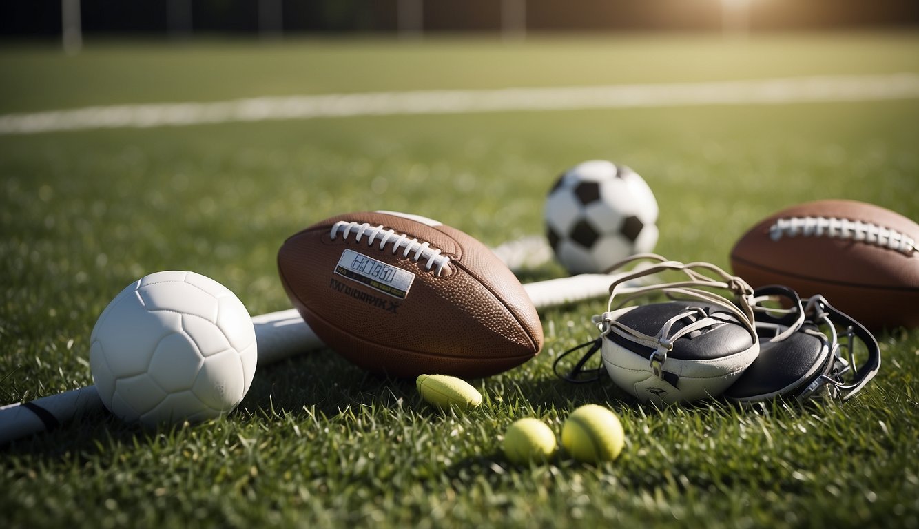 Athletic equipment from various sports not in the Olympics scattered on a grass field