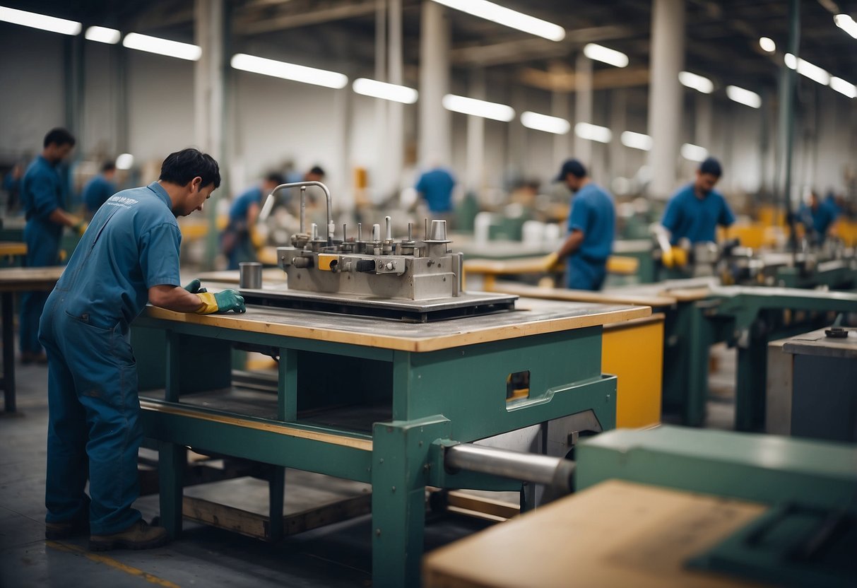 A factory floor with machinery and workers assembling and painting canteen furniture