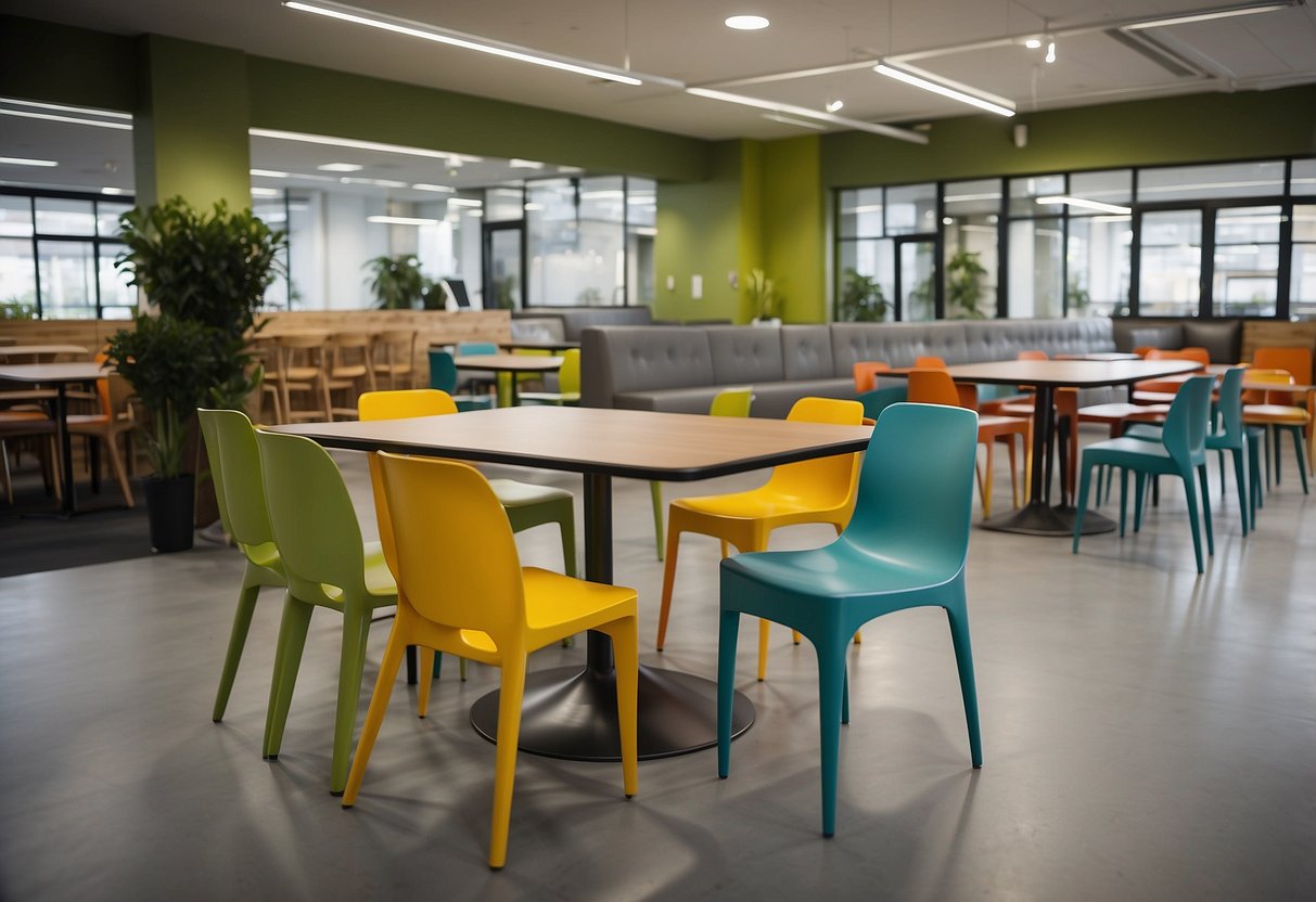 Various canteen furniture, including tables, chairs, and booths, are arranged in a spacious showroom. The furniture comes in different styles, materials, and colors, showcasing the variety offered by the manufacturers