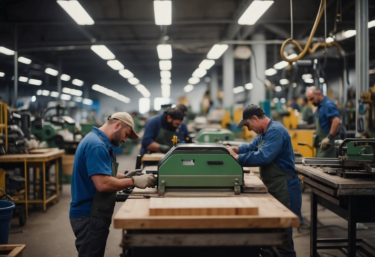 The street furniture manufacturers are busy at work, crafting benches, trash cans, and bike racks in a bustling workshop. The sound of machinery fills the air as workers measure, cut, and assemble the pieces with precision