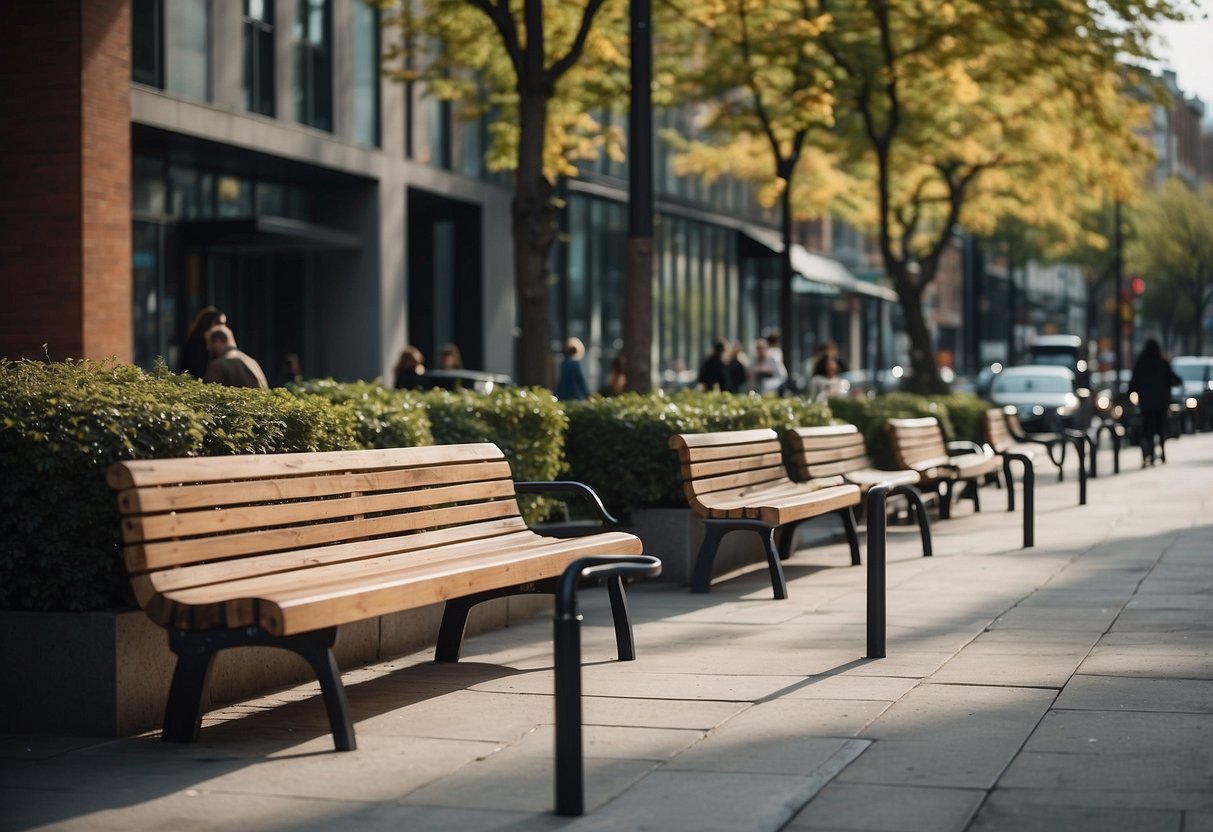 A bustling city street with modern benches, trash bins, and bike racks, showcasing the work of street furniture manufacturers