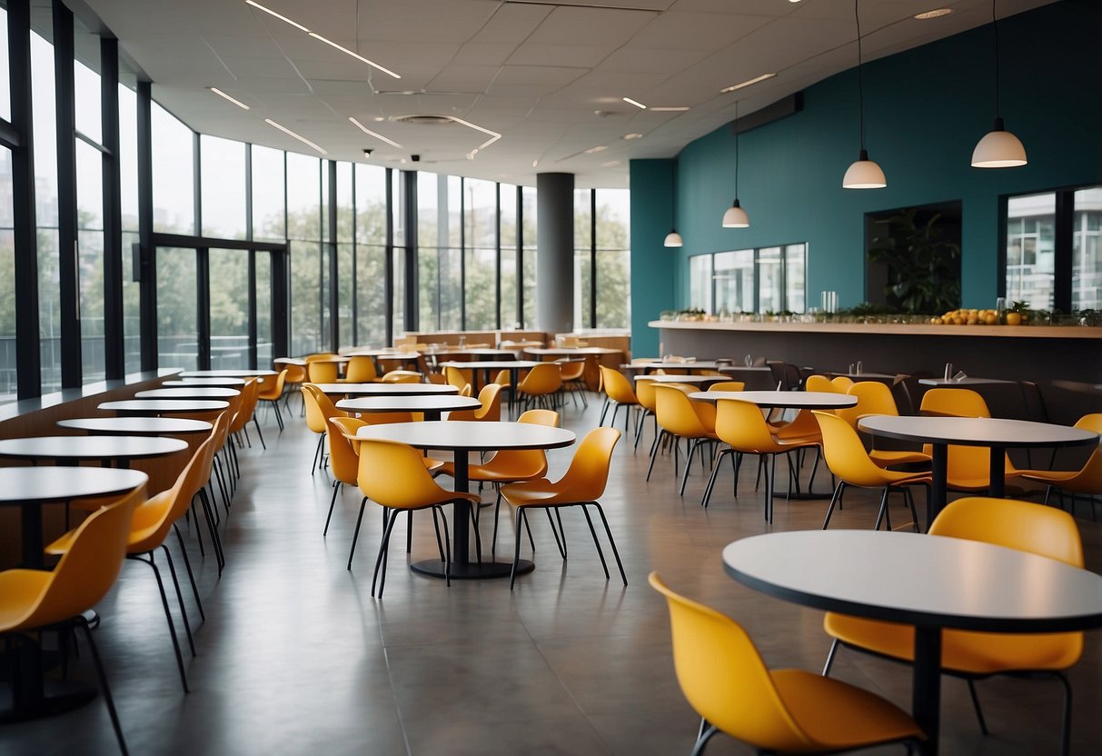A bustling canteen with durable, sleek tables and chairs arranged for maximum space efficiency and easy cleaning. Bright, modern colors and materials