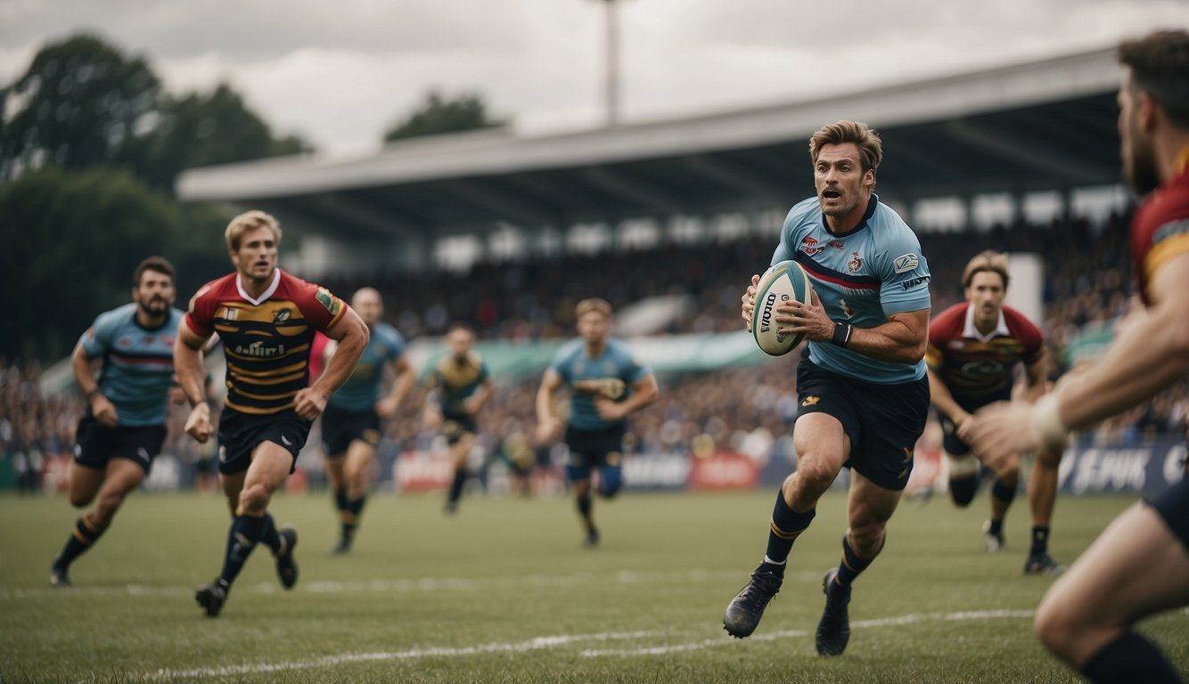 A group of athletes playing rugby sevens on a grassy field, with spectators cheering from the sidelines