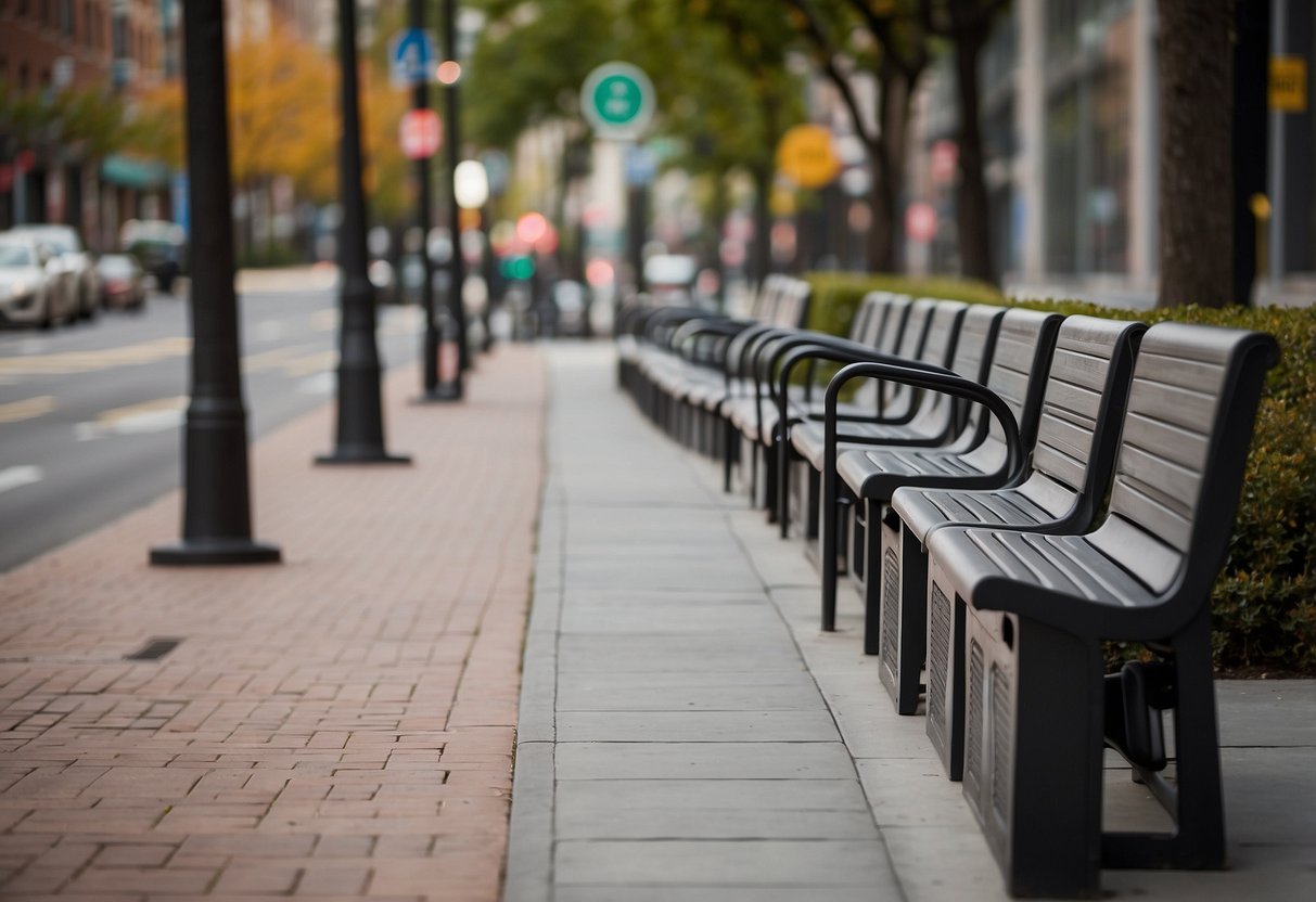 A row of modern, sleek street furniture including benches, trash cans, and bike racks, neatly arranged along a bustling urban sidewalk