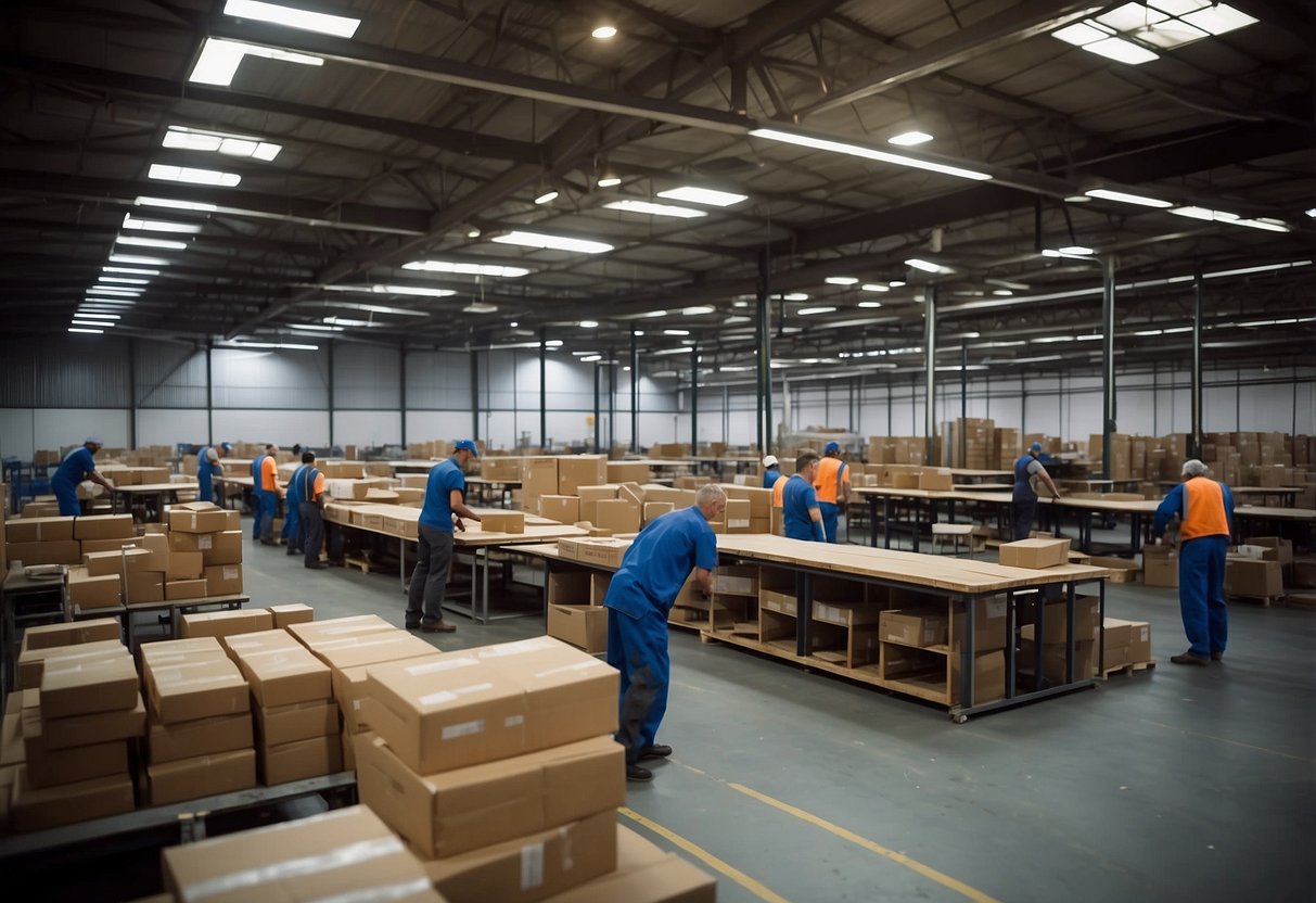 Canteen furniture manufacturers busy at work in a large warehouse, surrounded by stacks of raw materials and tools. The sound of machinery fills the air as workers assemble and test the latest designs