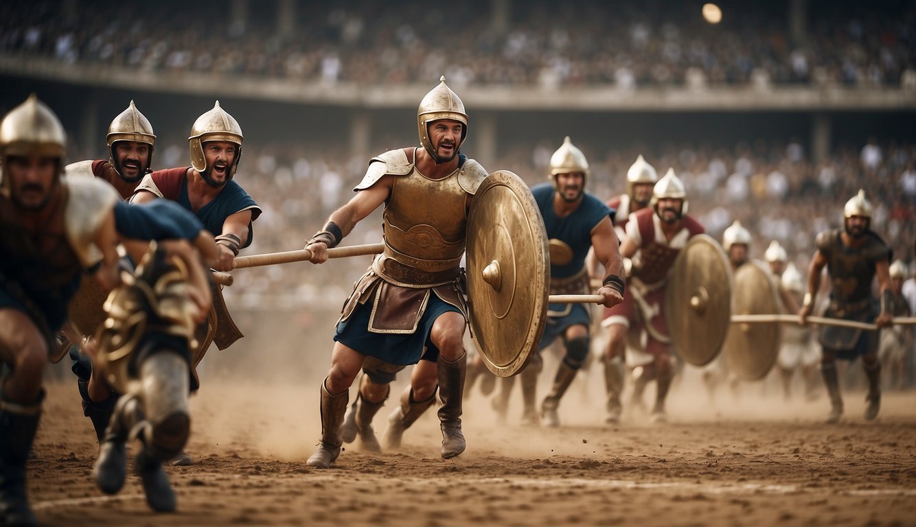 Athletes playing ancient sports like gladiator battles, chariot racing, and jousting in a historical arena