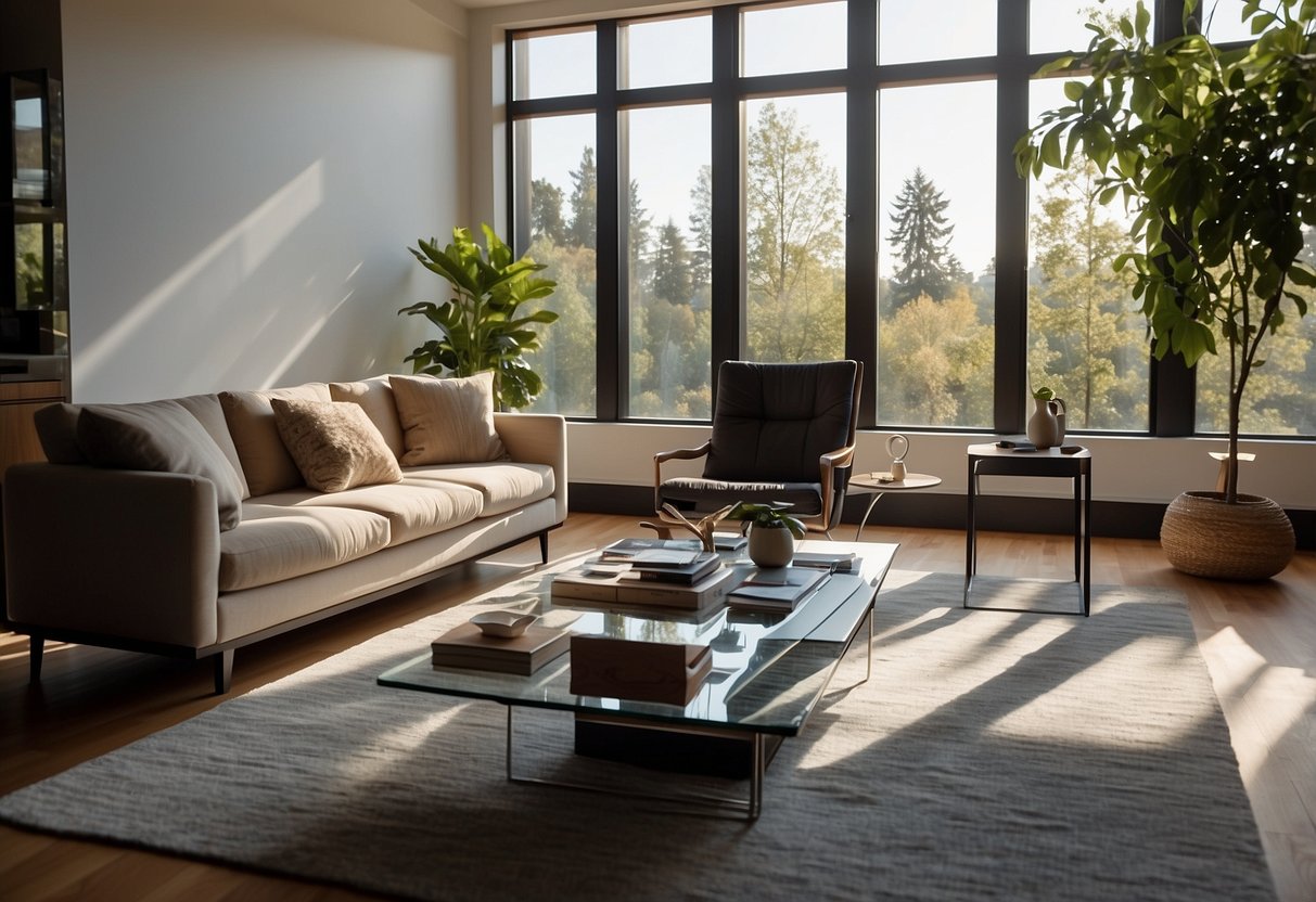 A living room with a sleek sofa, a stylish coffee table, and a vibrant rug. Sunlight streams in through the window, highlighting the modern decor