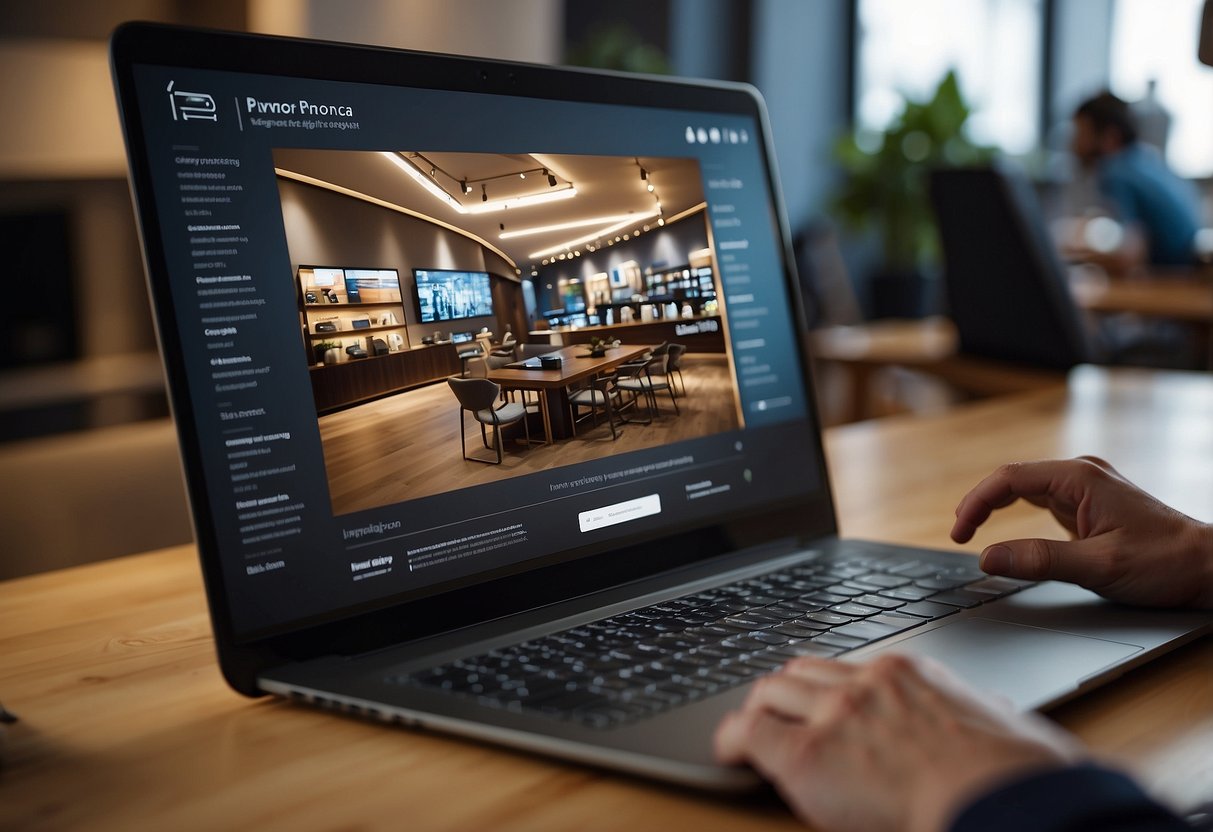 Customers browsing through a variety of furniture options on a computer screen, with a list of frequently asked questions displayed on the side