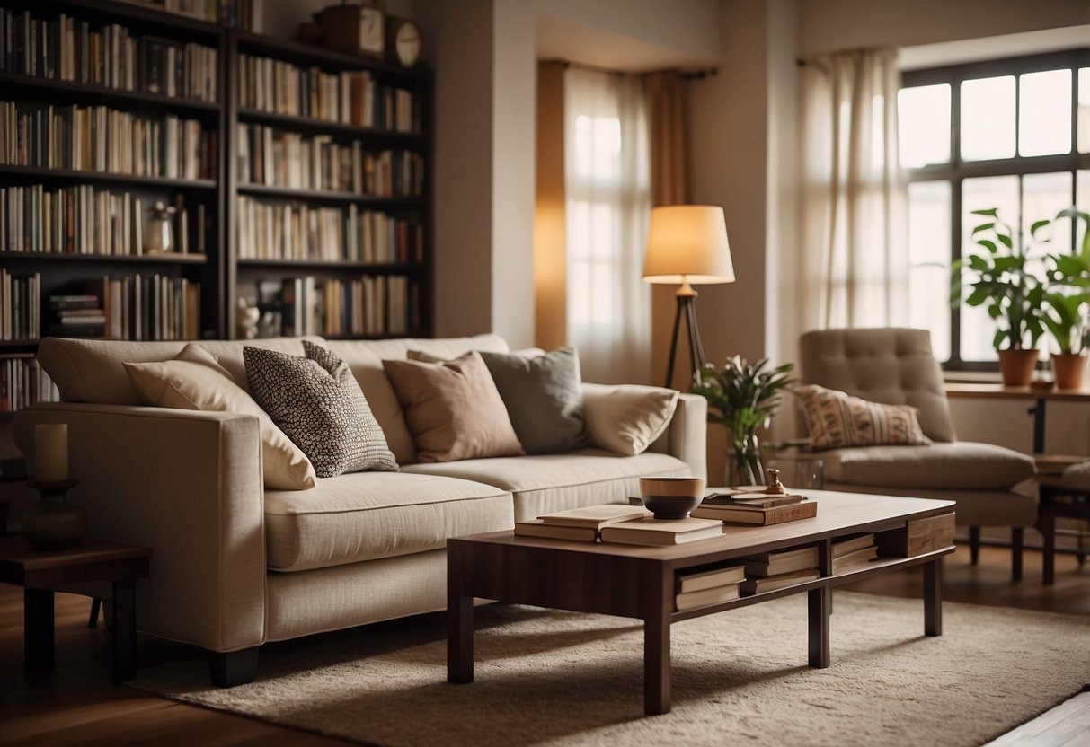 A cozy living room with a plush sofa, a coffee table, and a bookshelf filled with books. A soft rug covers the floor, and a warm lamp illuminates the space