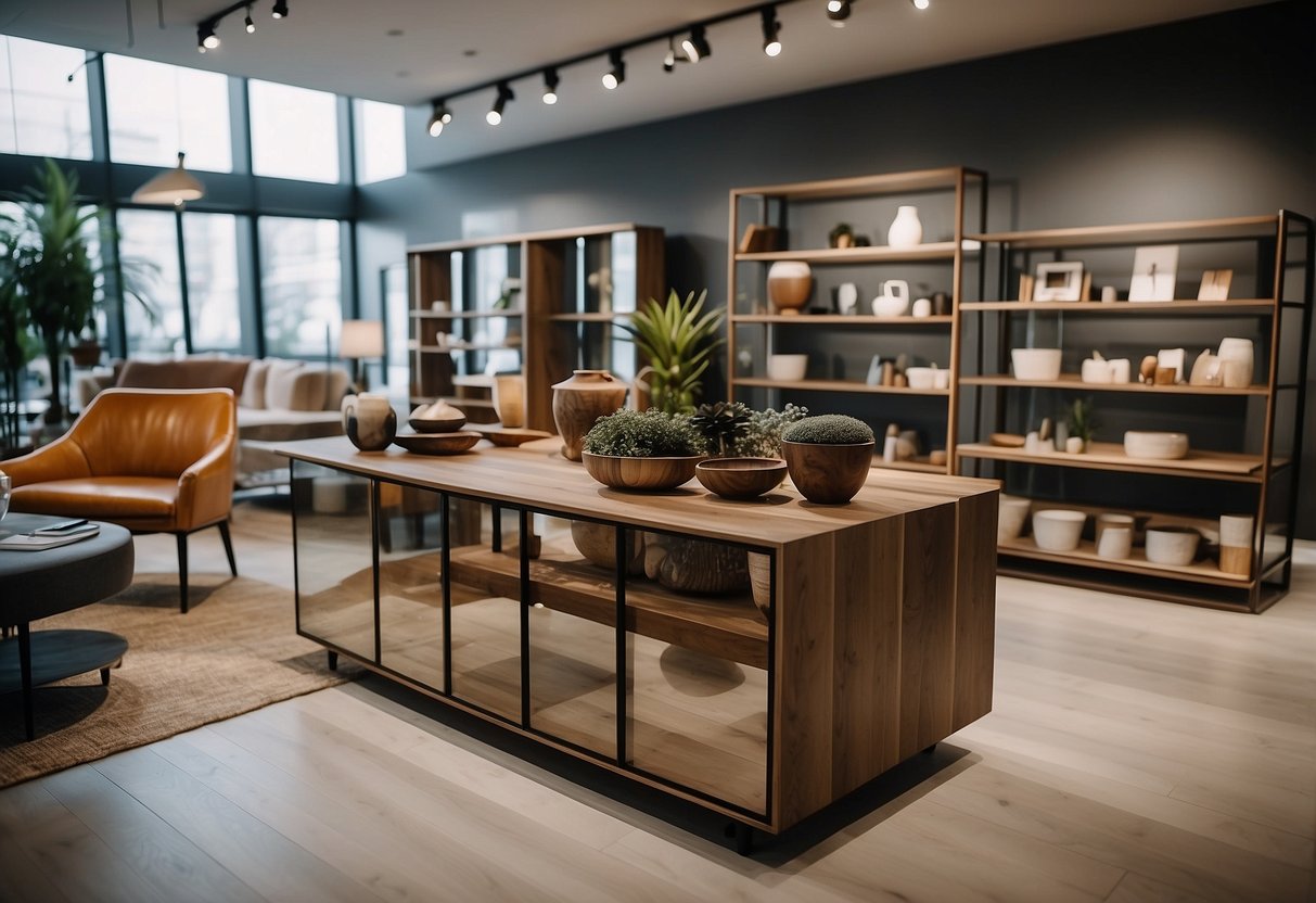 A showroom filled with diverse furniture styles, from sleek modern designs to classic wooden pieces, arranged in an organized and inviting display