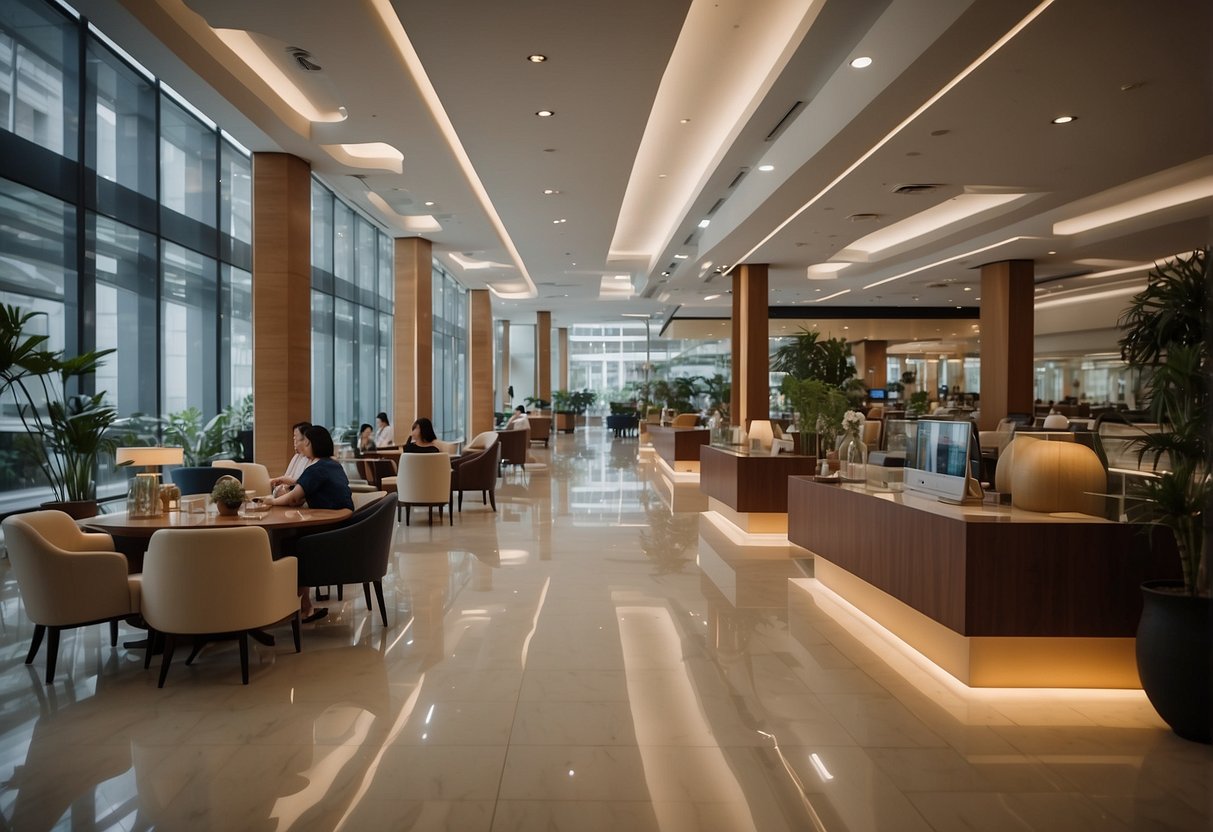 A bustling interior of Tan Boon Liat Building in Singapore, with furniture displays and customers seeking answers to frequently asked questions