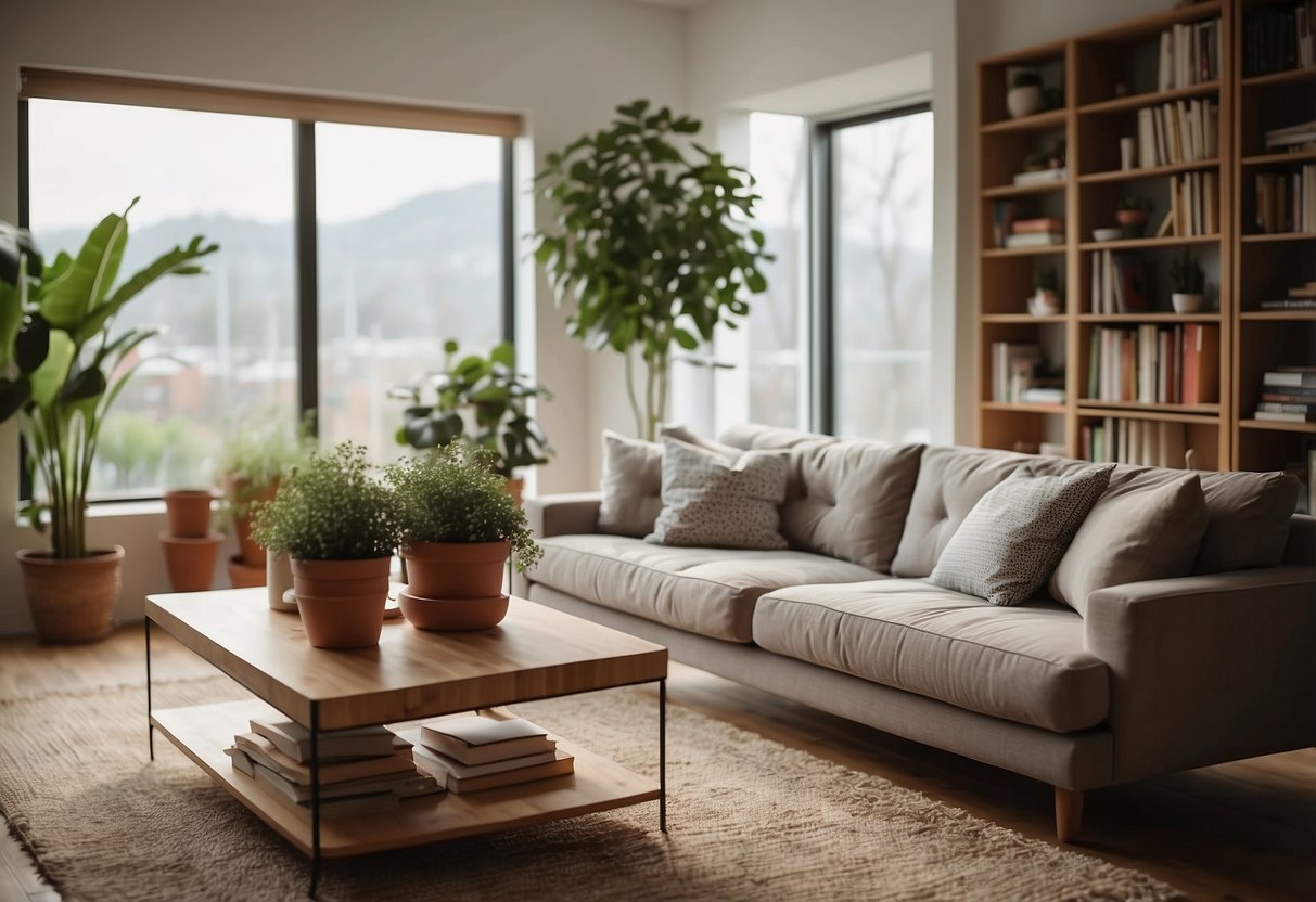 A cozy living room with a modern sofa, coffee table, and bookshelf. A large window lets in natural light, and a potted plant adds a touch of greenery