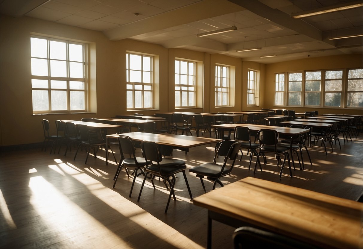 A classroom filled with desks, chairs, and bookshelves arranged neatly. The sunlight streams in through the windows, casting soft shadows on the polished floors