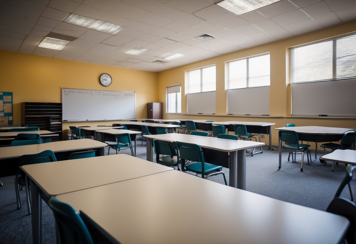 A classroom with desks, chairs, whiteboard, and storage units. Bright, organized, and functional layout
