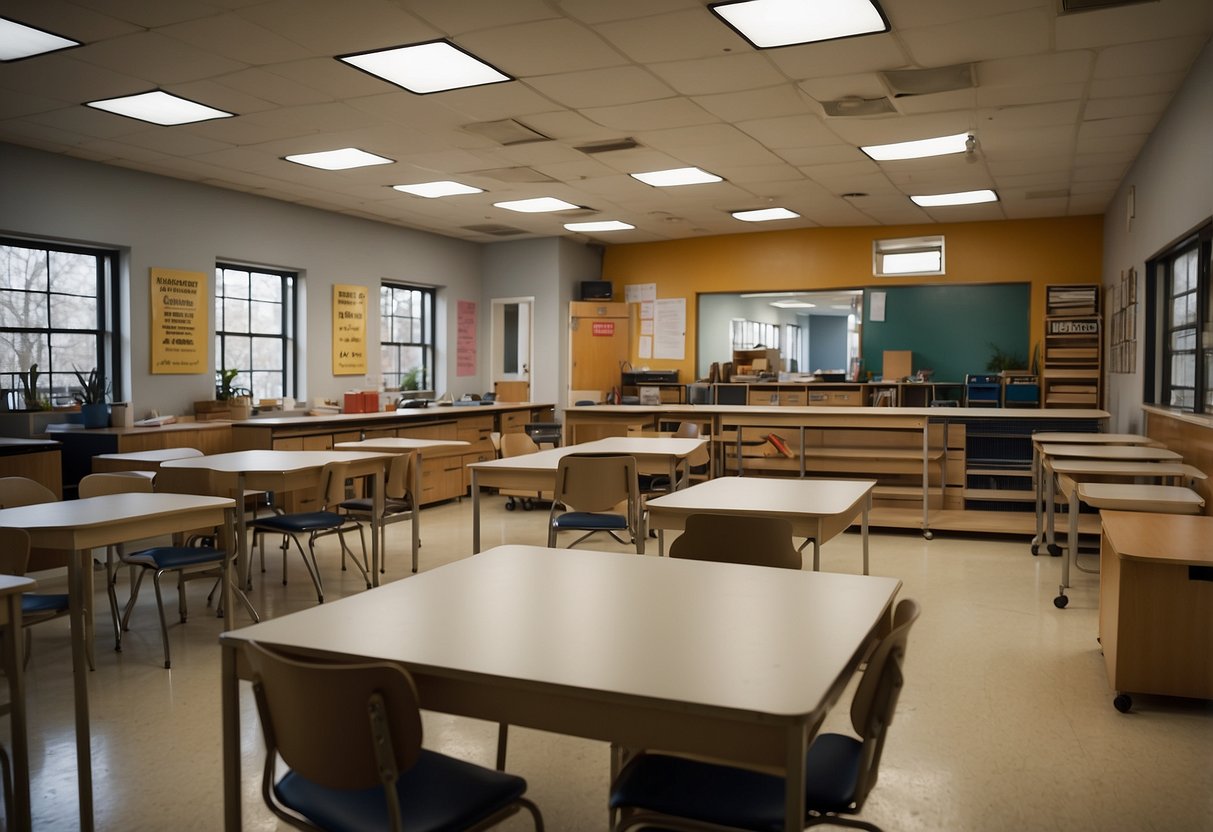 A classroom filled with various types of furniture, such as desks, chairs, and storage units. A sign on the wall reads "Frequently Asked Questions for Classroom Furniture Suppliers."