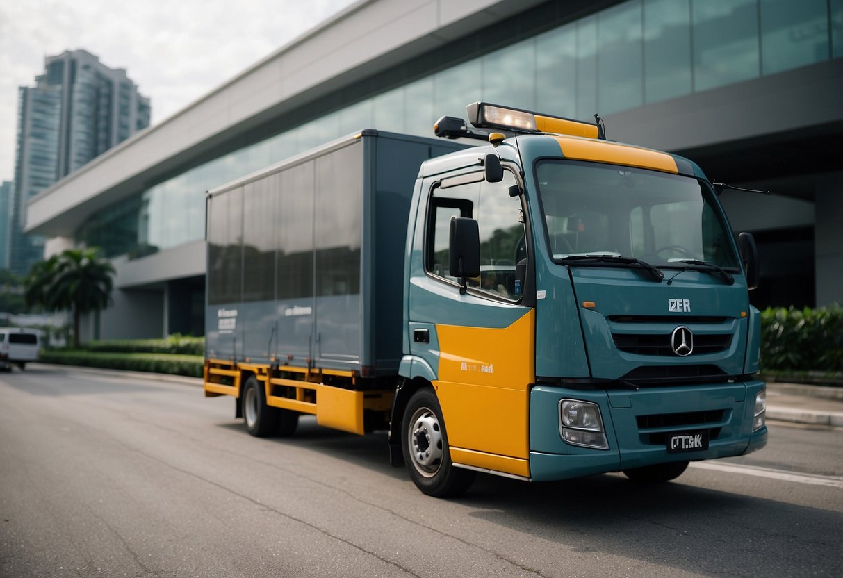 A delivery truck pulls up to a modern Singapore building. Two workers unload Teck Seng Furniture's sleek, branded boxes, ready for delivery