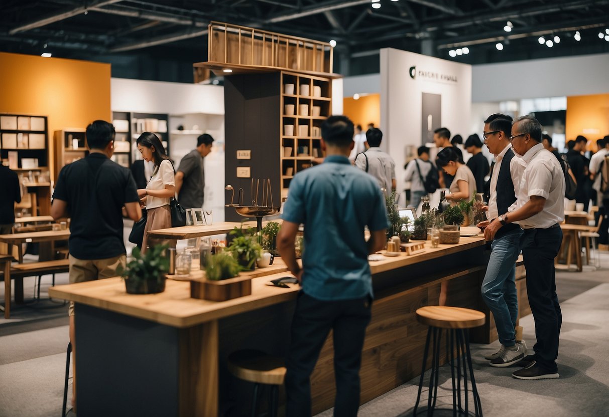A busy furniture fair in Singapore with modern and traditional pieces displayed in well-lit booths