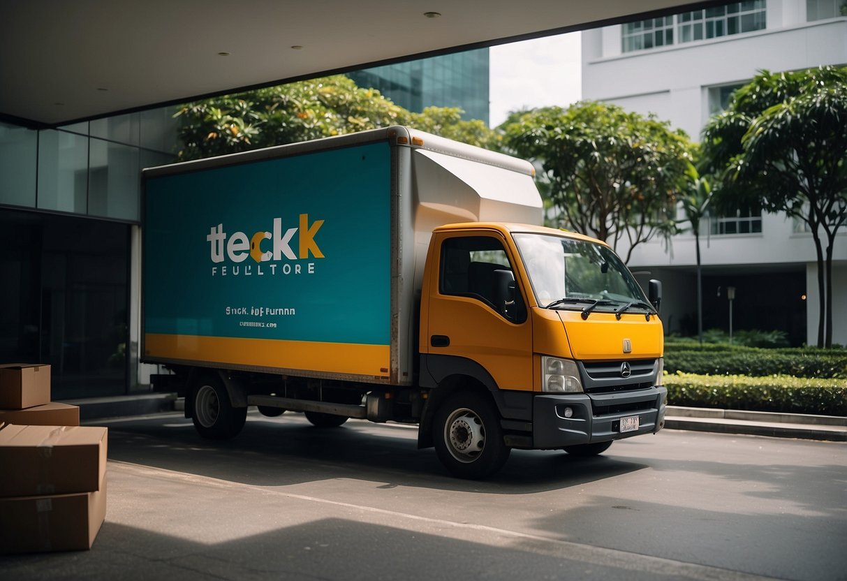 A delivery truck unloads Teck Seng furniture in a modern Singapore apartment, with sleek designs and vibrant colors enhancing the space