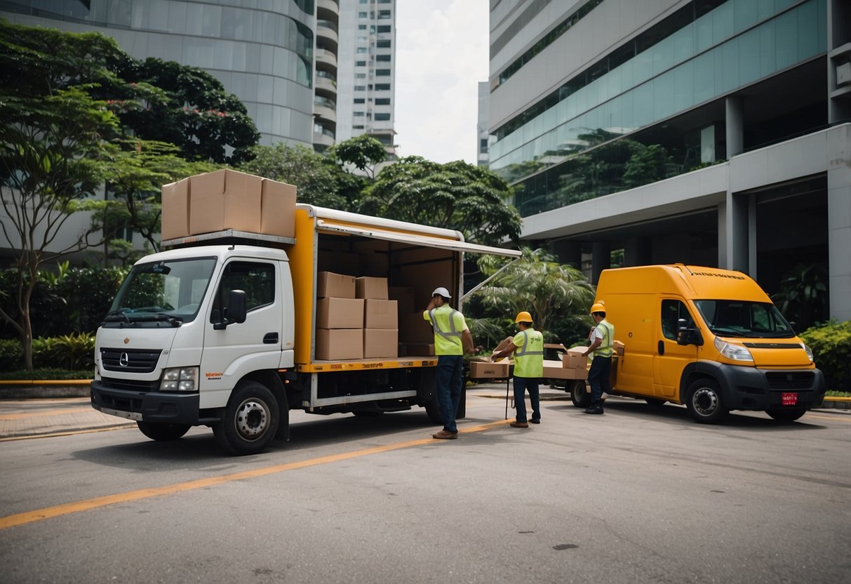 A delivery truck unloading Teck Seng furniture in Singapore, with workers organizing packages