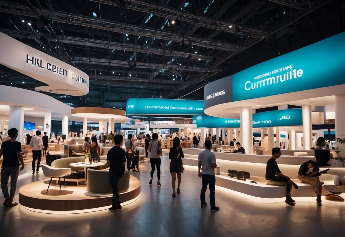 Visitors wander through rows of sleek, modern furniture at the bustling Furniture Fair in Singapore. Bright lights illuminate the displays, showcasing a variety of stylish and innovative designs