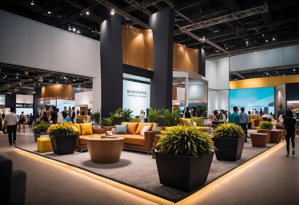 The bustling exhibition hall at the Singapore furniture fair, filled with sleek modern designs and vibrant colors