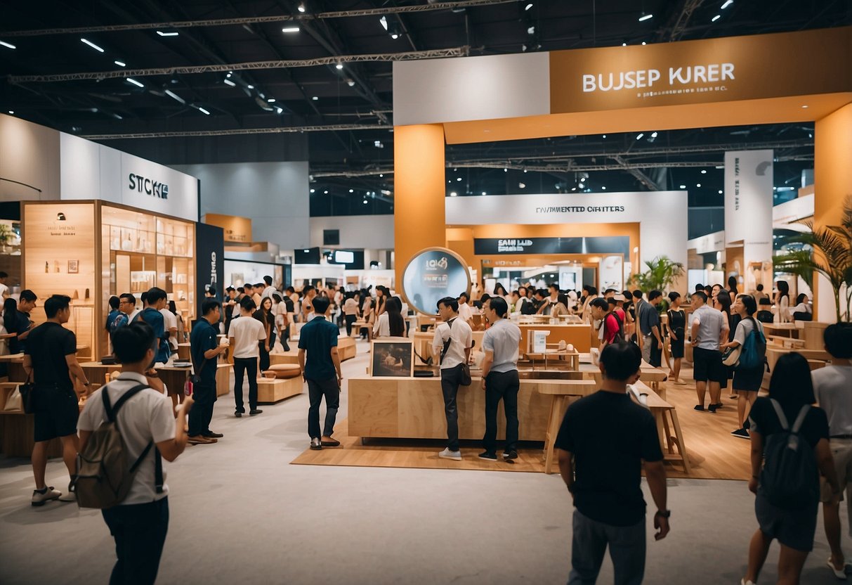 A bustling furniture fair in Singapore, with vendors showcasing their latest designs and attendees browsing through the various displays