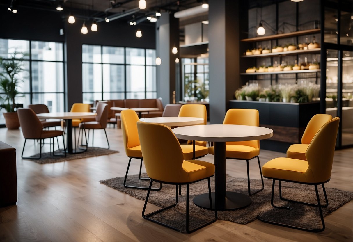 A spacious showroom displays a variety of modern and stylish commercial restaurant furniture. Bright lighting accentuates the sleek lines and comfortable designs