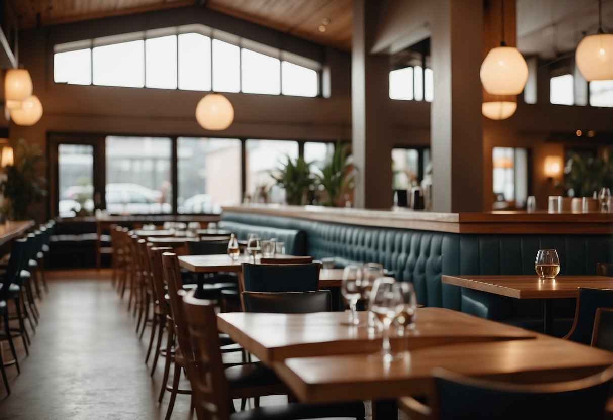 A bustling restaurant with a variety of modern and traditional furniture, including sleek bar stools, elegant dining chairs, and sturdy wooden tables