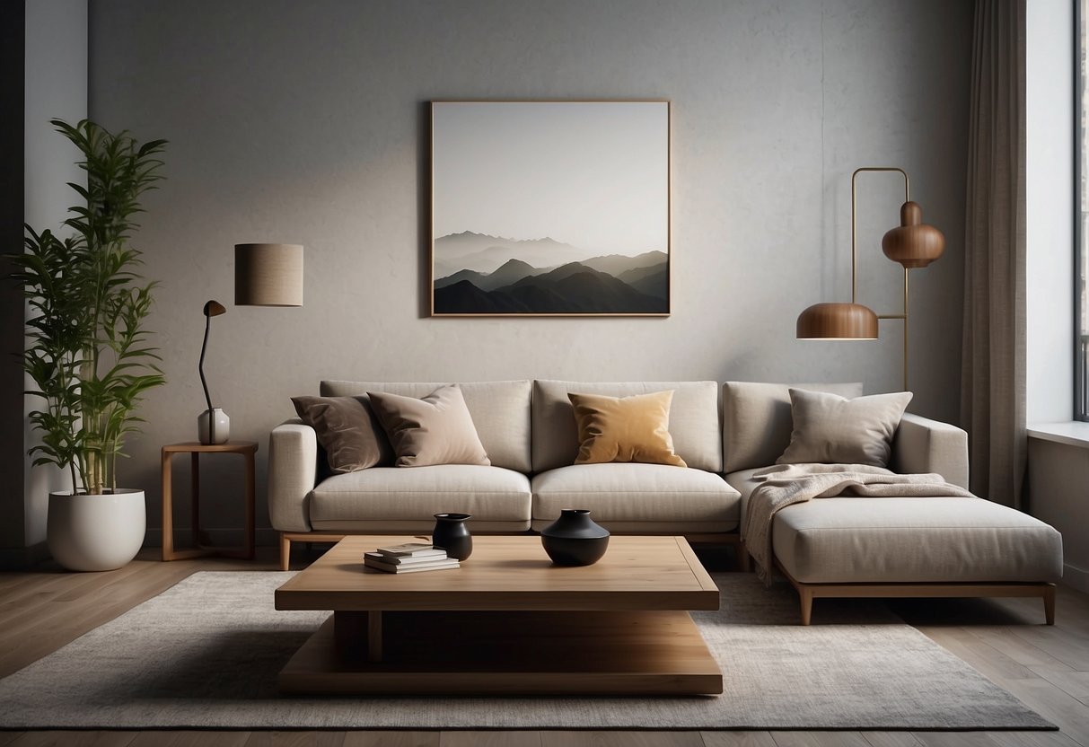 A modern living room with sleek, minimalist Copan furniture. Clean lines, natural materials, and a sense of understated elegance
