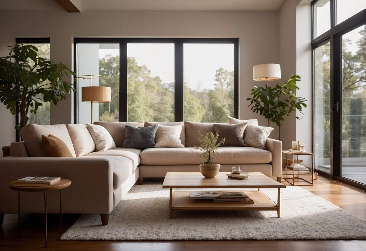 A cozy living room with a modern Copan Furniture sofa, a sleek coffee table, and a stylish floor lamp. The room is bathed in warm natural light from large windows, creating a welcoming and inviting atmosphere