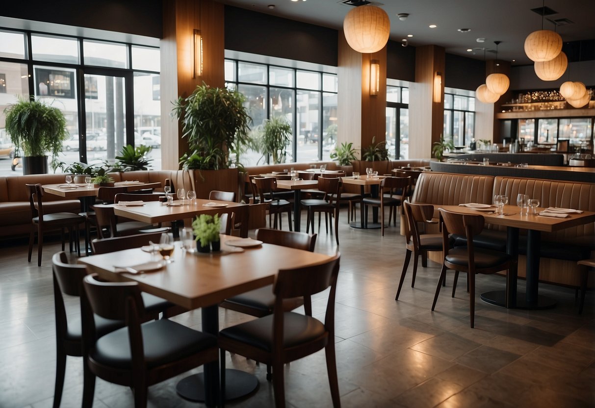 A bustling restaurant with sleek, modern furniture. Customers and staff interact around tables and chairs. The atmosphere is lively and inviting