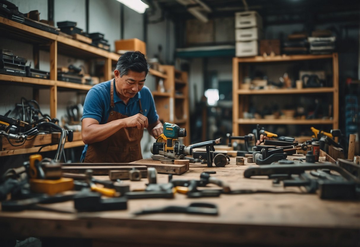 A workshop filled with tools and materials, a craftsman transforming old furniture into new, stylish pieces in Singapore