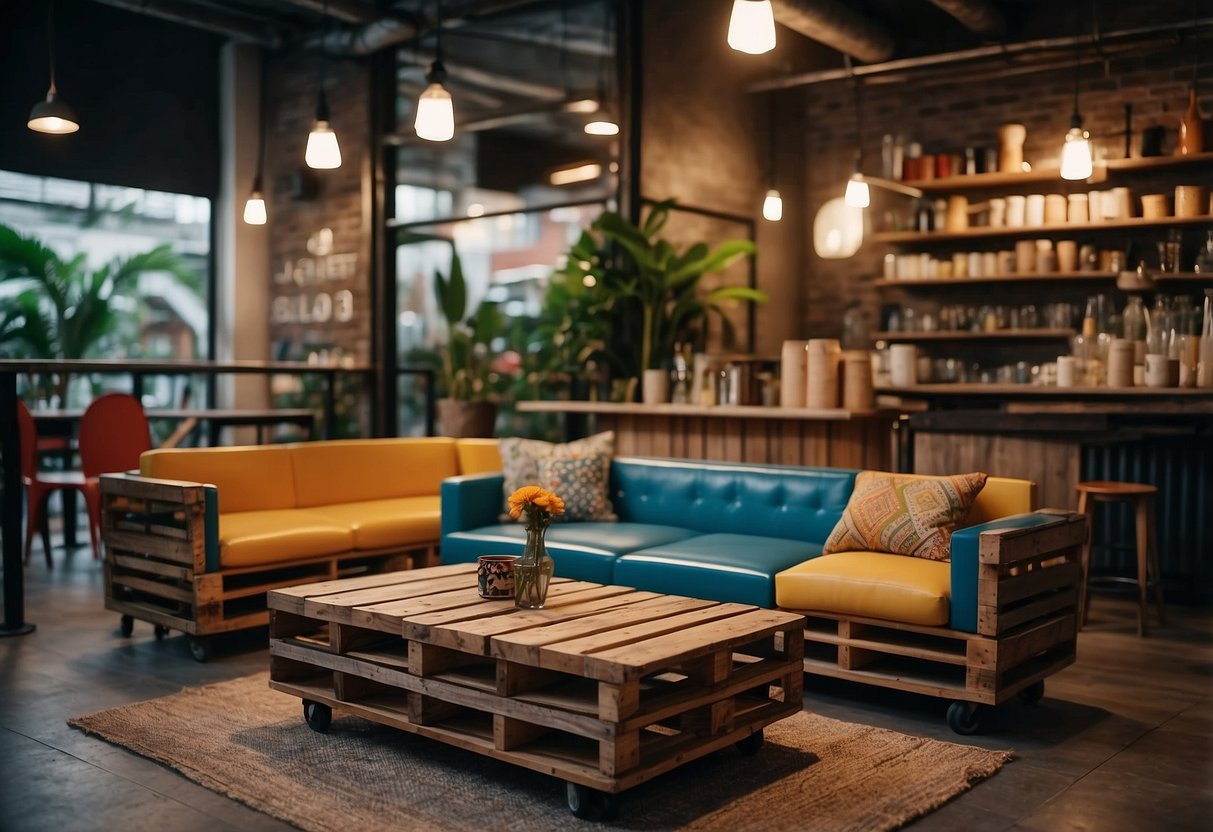 A cozy Singaporean cafe with upcycled furniture: a wooden pallet transformed into a coffee table, old pipes repurposed as shelves, and colorful chairs made from reclaimed materials