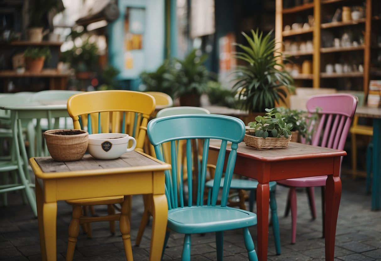 A cozy vintage shop displays upcycled furniture in Singapore. Brightly painted chairs and repurposed tables fill the space, creating a unique and sustainable atmosphere