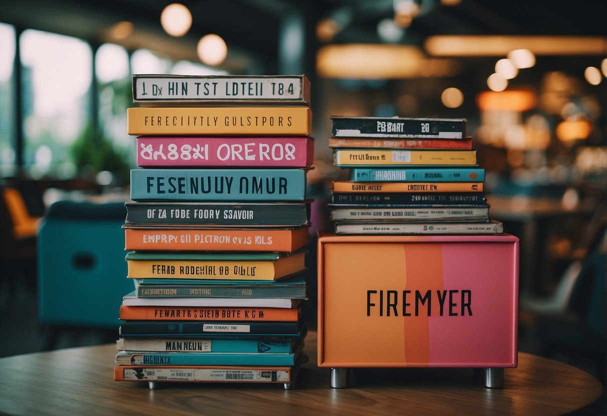 A stack of colorful upcycled furniture with a "Frequently Asked Questions" sign in a modern Singapore setting