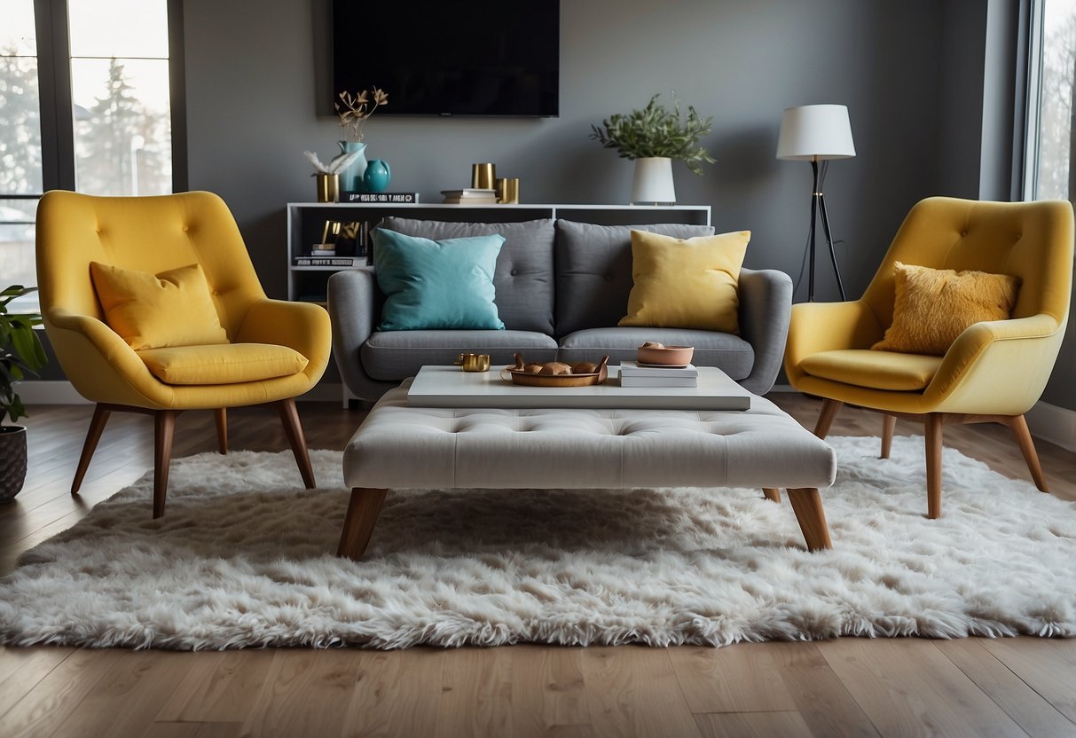 Colorful chairs and tables arranged in a cozy living room, with a fluffy rug and bright pillows