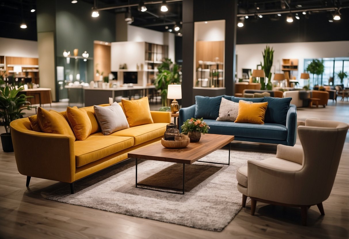 A spacious, well-lit furniture store with modern displays and a variety of stylish sofas, tables, and chairs. Bright colors and clean lines create a welcoming atmosphere for customers