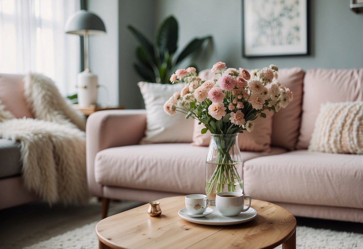 A cozy living room with a pastel-colored sofa, a fluffy rug, and a small coffee table adorned with a vase of flowers