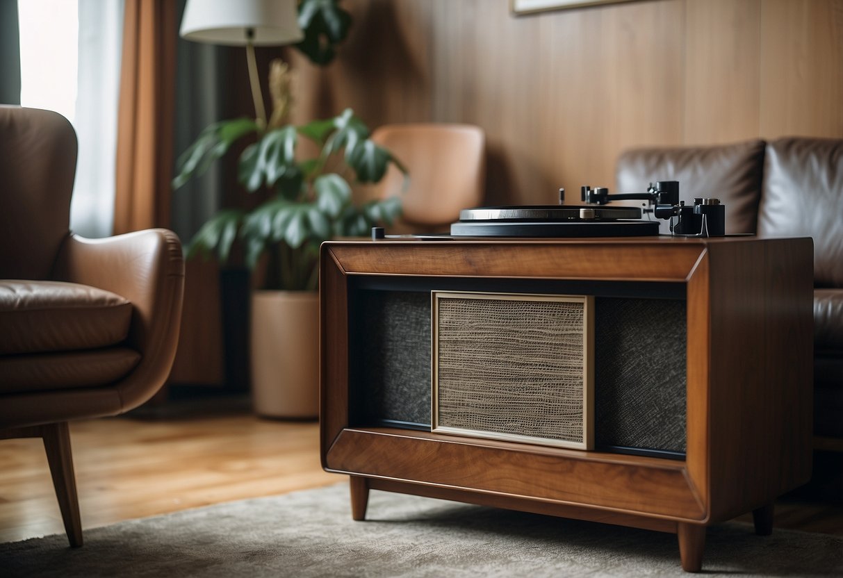 A cozy living room with a worn leather armchair, a wooden coffee table, and a vintage record player on a mid-century modern sideboard