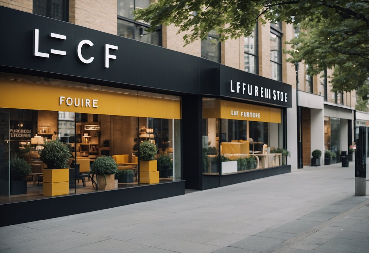 A row of modern, sleek furniture stores with large glass windows and bold signage displaying "LCF Furniture Store" in a busy city street