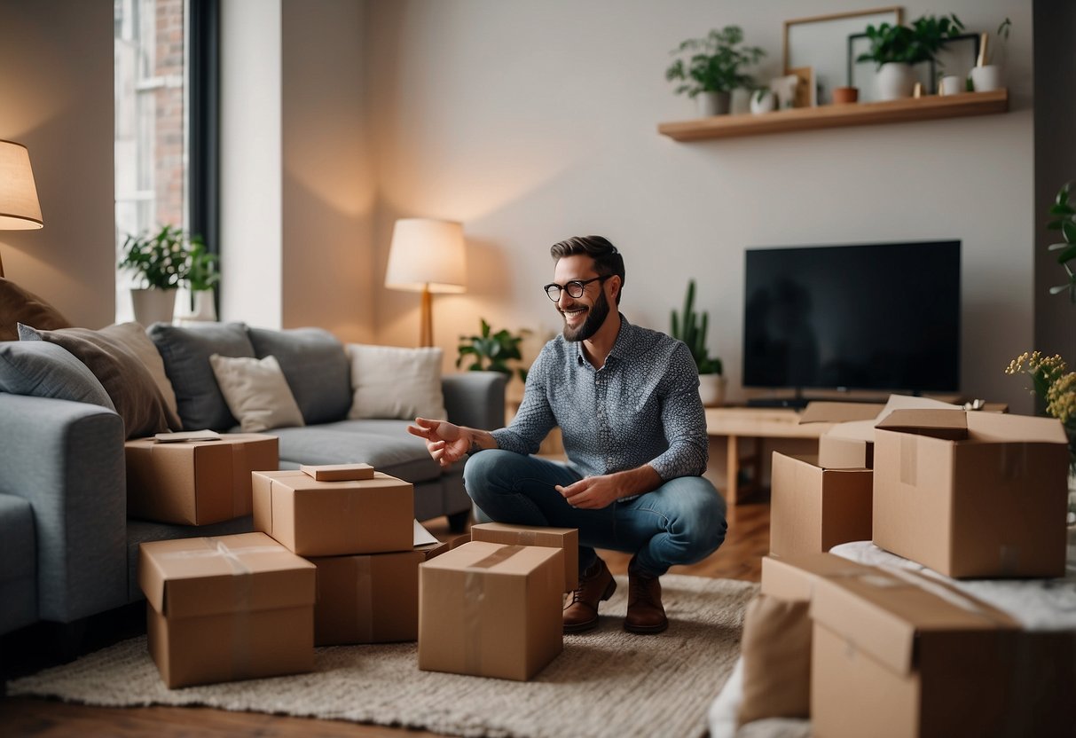 A happy customer unboxes and arranges adorable furniture in a cozy living room