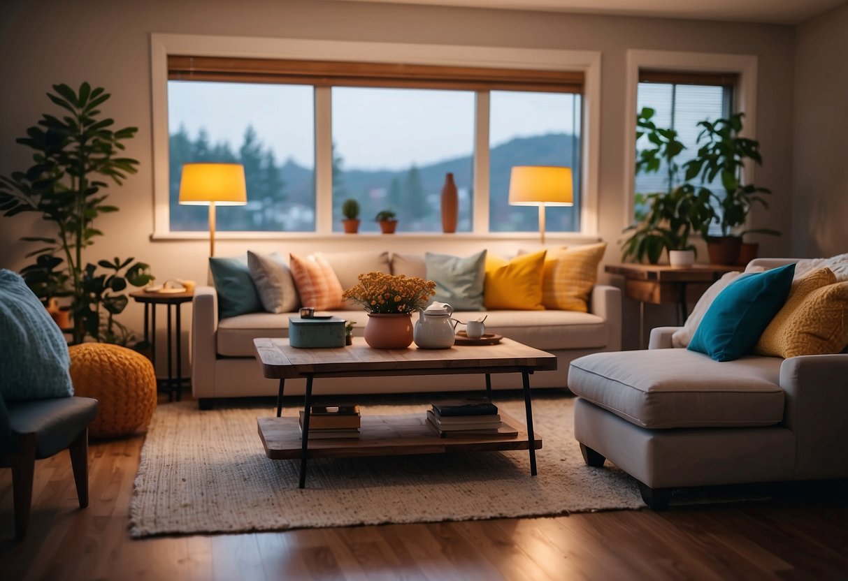 A cozy living room with colorful, cute furniture arranged neatly. Bright lighting and a warm, inviting atmosphere