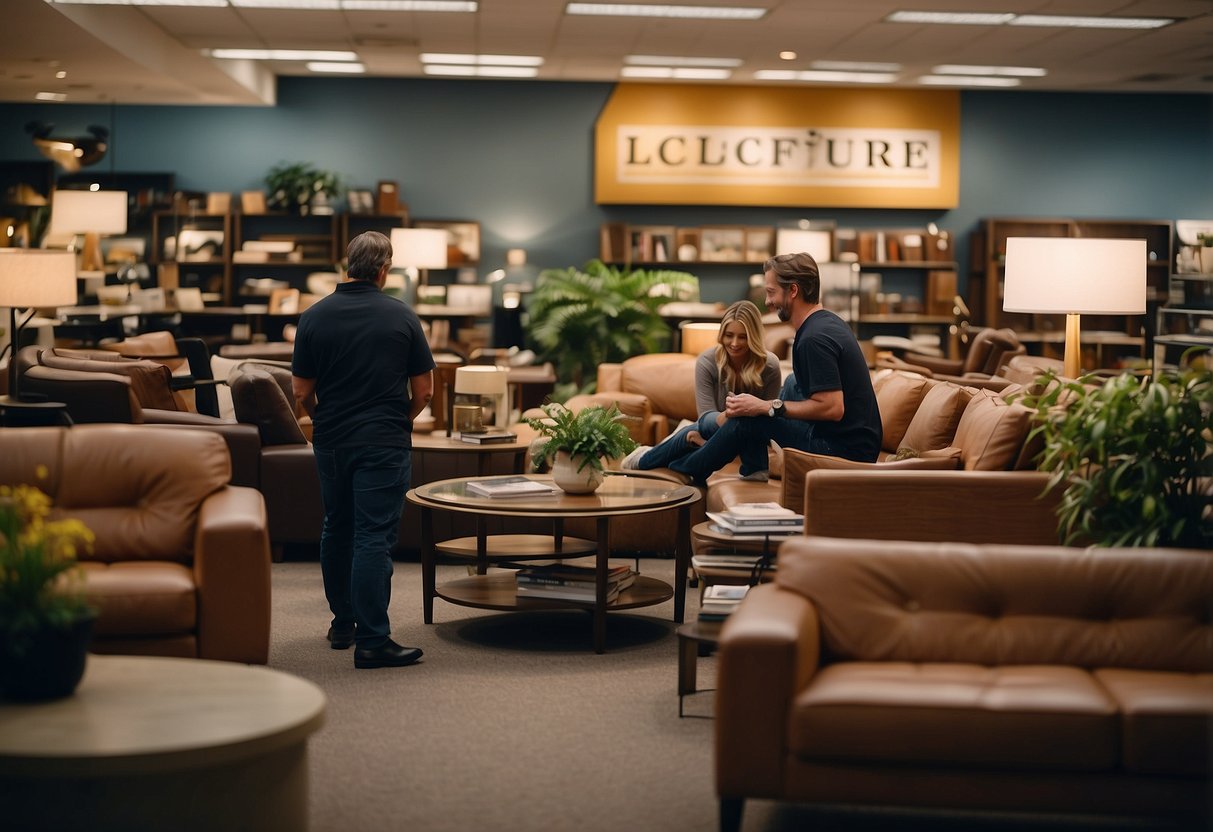 Customers browsing furniture, staff assisting, phones ringing, and a welcoming atmosphere at the lcf furniture store