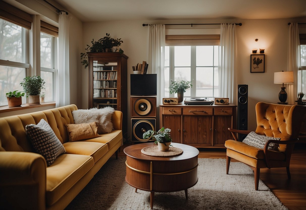 A cozy living room with a mix of mid-century and antique furniture, including a velvet sofa, a retro coffee table, and a vintage record player